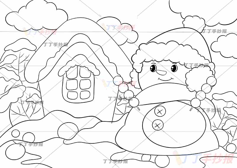 冬天儿童画雪人房屋2