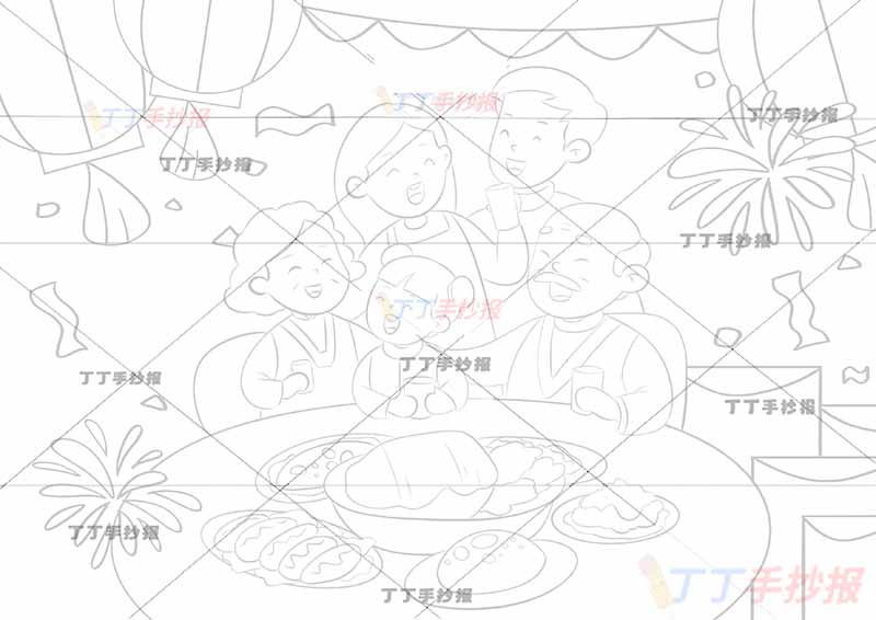 全家福儿童画绘画团圆年夜饭女孩五人