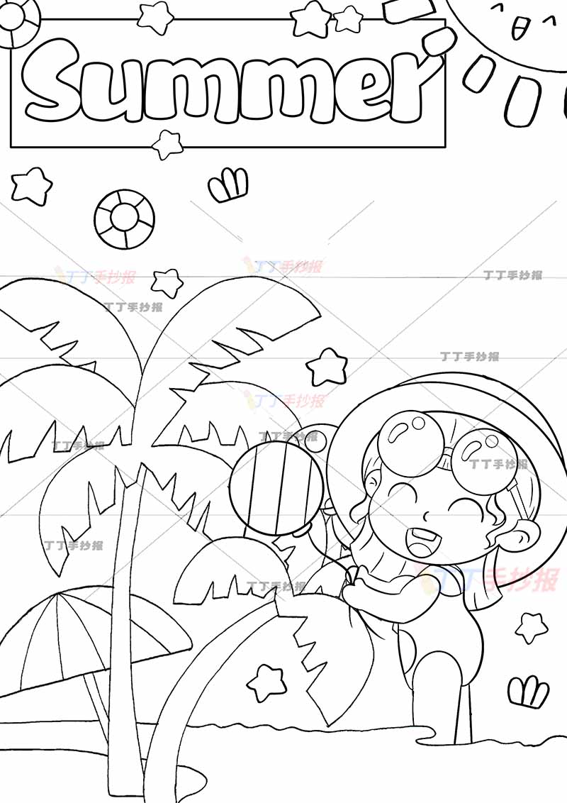 夏天英语竖版手抄报女孩拿起球