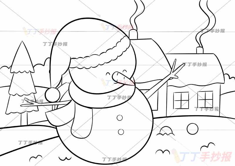 冬天儿童画中间雪人