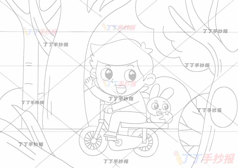 秋天儿童画秋游男孩骑车