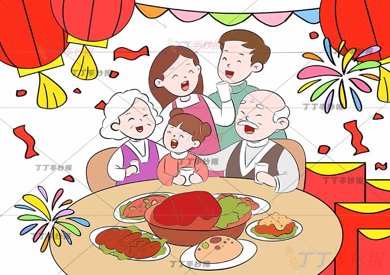 全家福儿童画绘画团圆年夜饭女孩五人