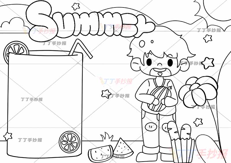 夏天英语手抄报抱西瓜男孩