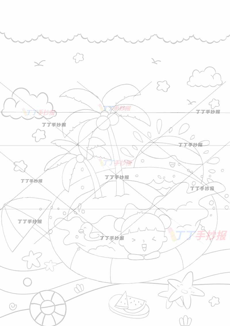 夏天儿童画竖版手抄报游泳圈女孩