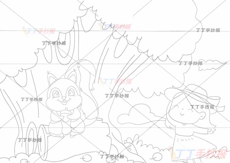 秋天儿童画秋游女孩松鼠