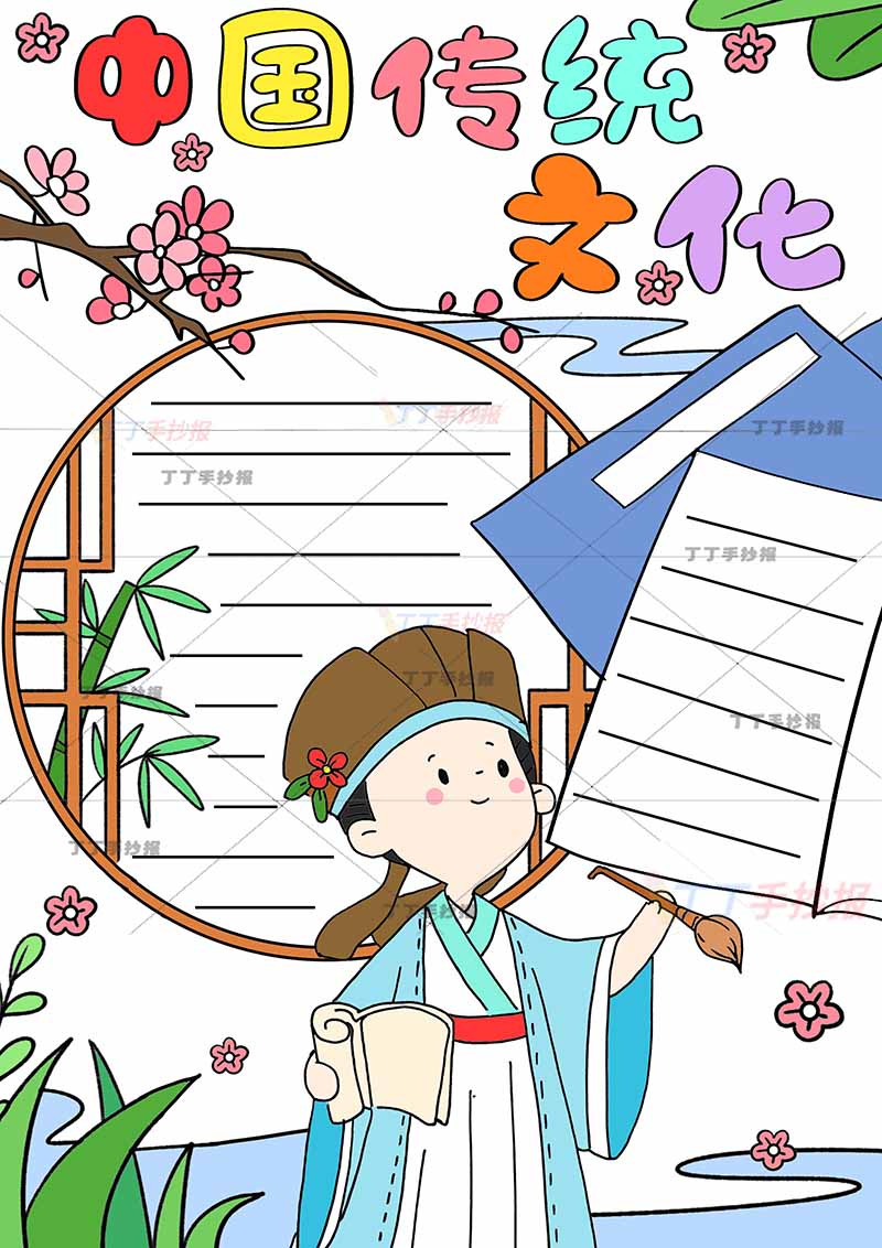 中国传统文化竖版手抄报毛笔诗人