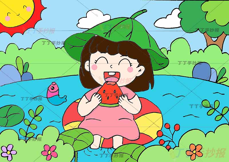夏天儿童画吃西瓜女孩