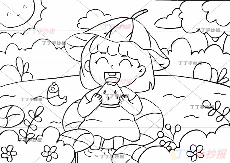 夏天儿童画吃西瓜女孩