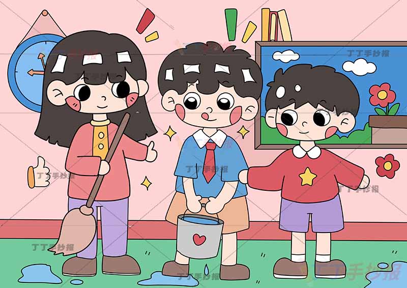 劳动节儿童画我爱劳动三人