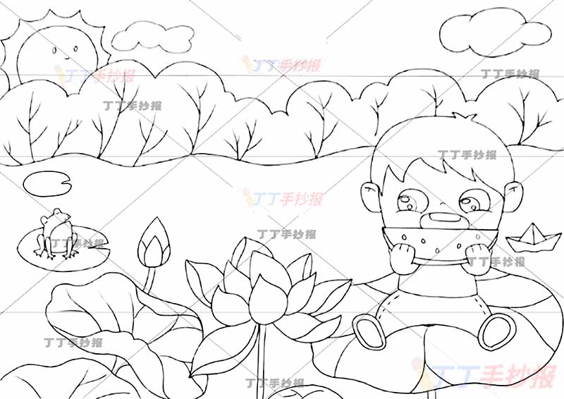 夏天儿童画男孩吃西瓜