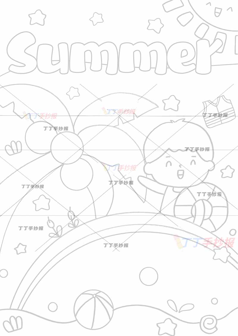 夏天英语竖版手抄报男孩游泳圈