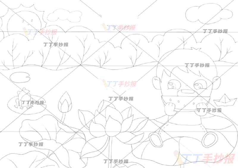 夏天儿童画男孩吃西瓜