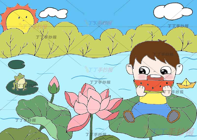 夏天儿童画男孩吃西瓜