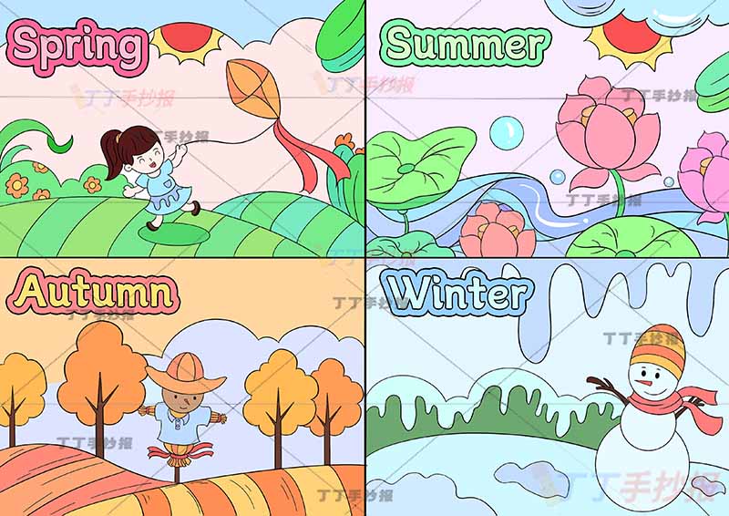 春夏秋冬四季英语四边框女孩