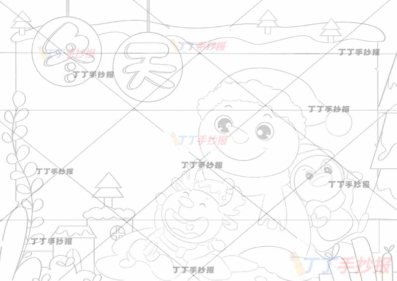 冬天手抄报企鹅小鹿