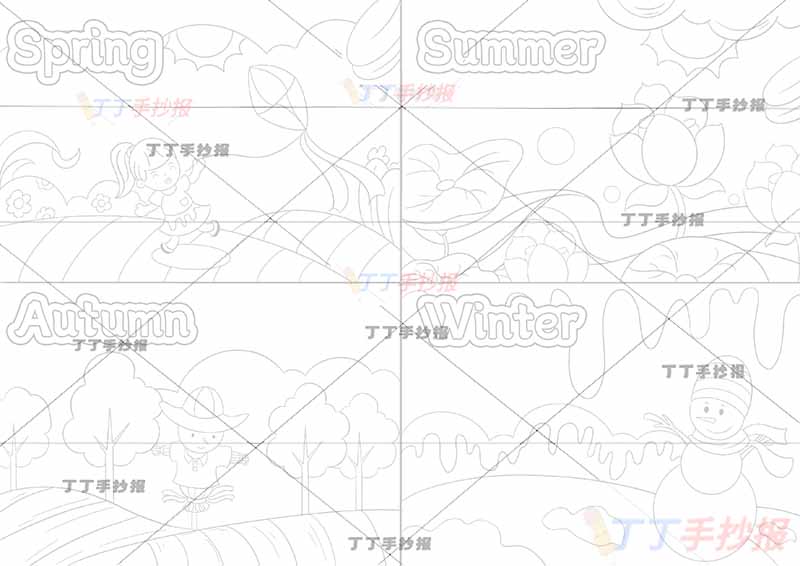 春夏秋冬四季英语四边框女孩