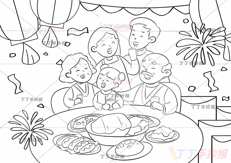 全家福儿童画绘画团圆年夜饭女孩五人