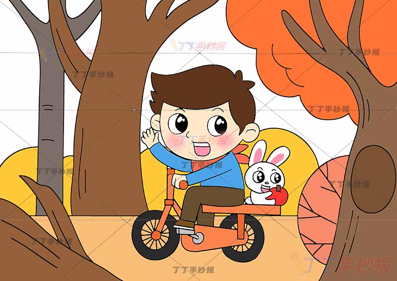 秋天儿童画秋游男孩骑车