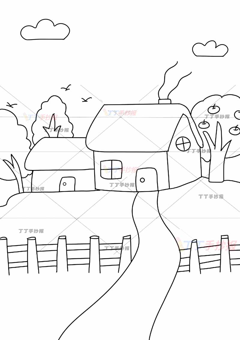 我的家乡儿童画竖版乡村简单房屋