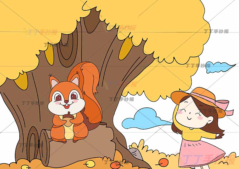 秋天儿童画秋游女孩松鼠