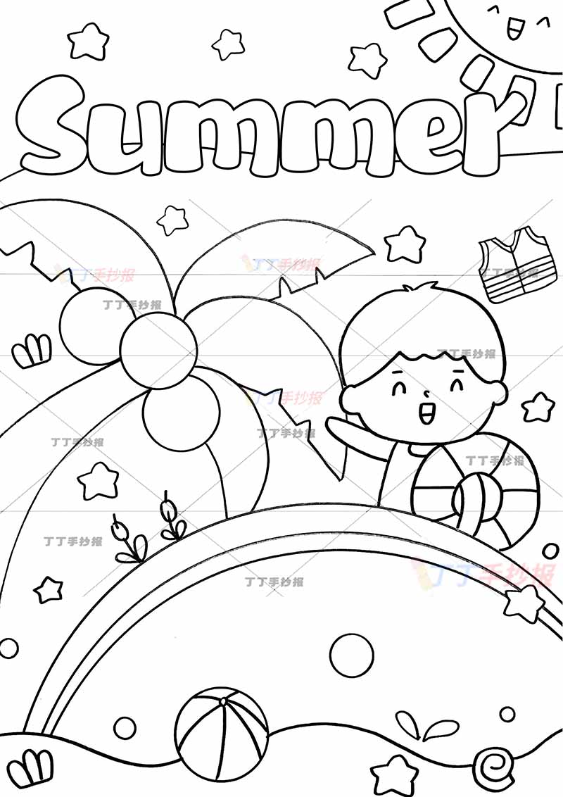 夏天英语竖版手抄报男孩游泳圈
