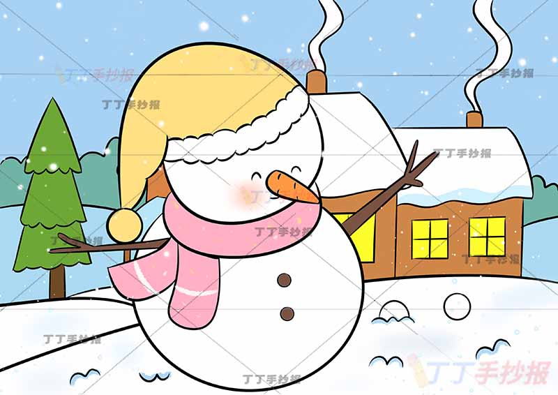冬天儿童画中间雪人
