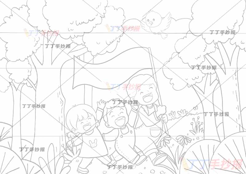 春天儿童画春游踏青绘画三人