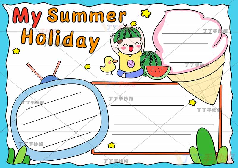 暑假英语手抄报my summer holiday我的暑假生活上方男孩