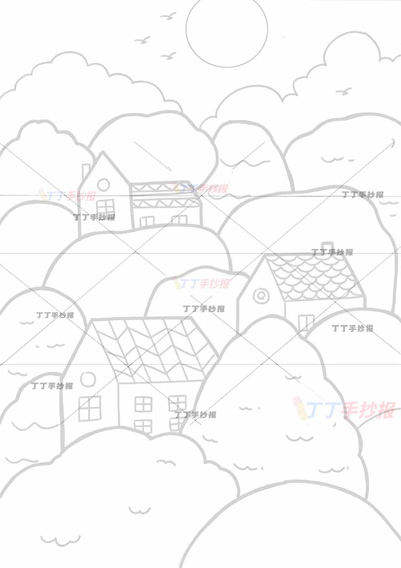 秋天儿童画竖版树林房子