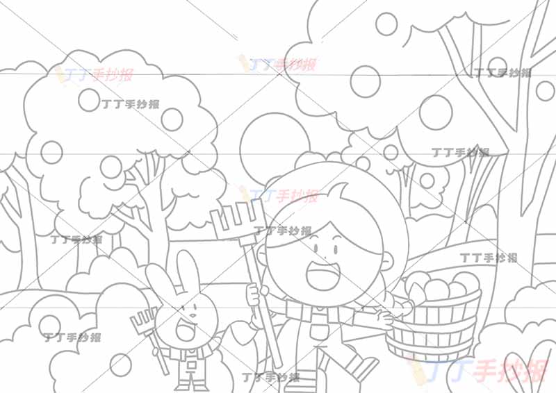 秋天儿童画秋游秋收丰收女孩和兔子