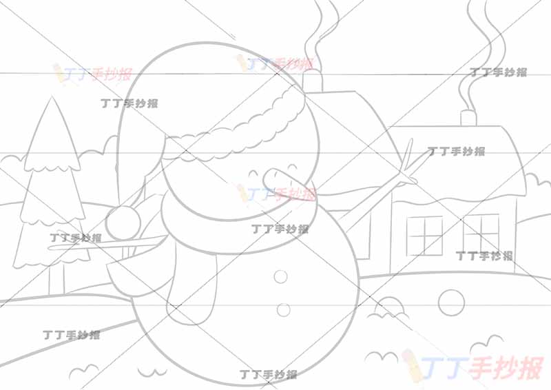 冬天儿童画中间雪人