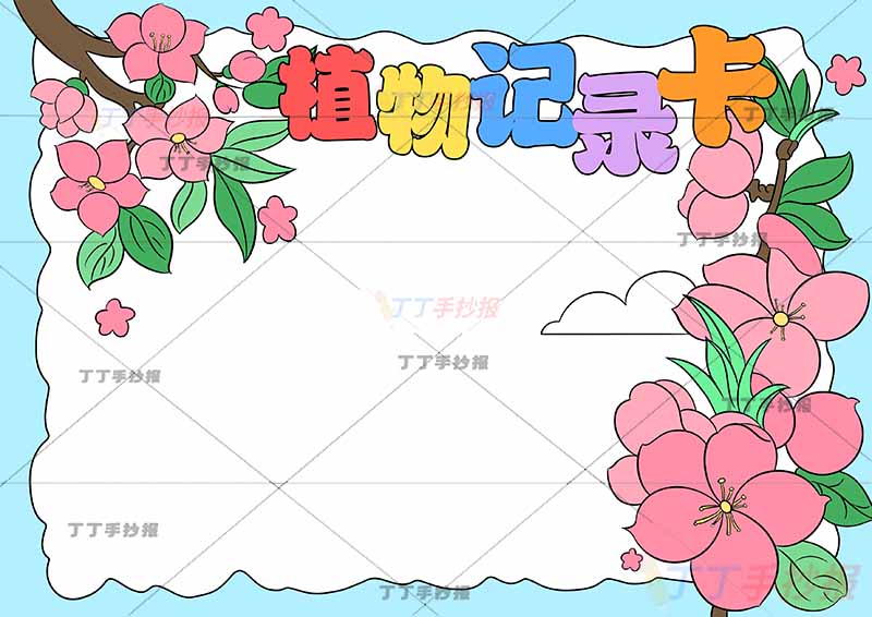 植物记录卡手抄报左右桃花蓝色边框