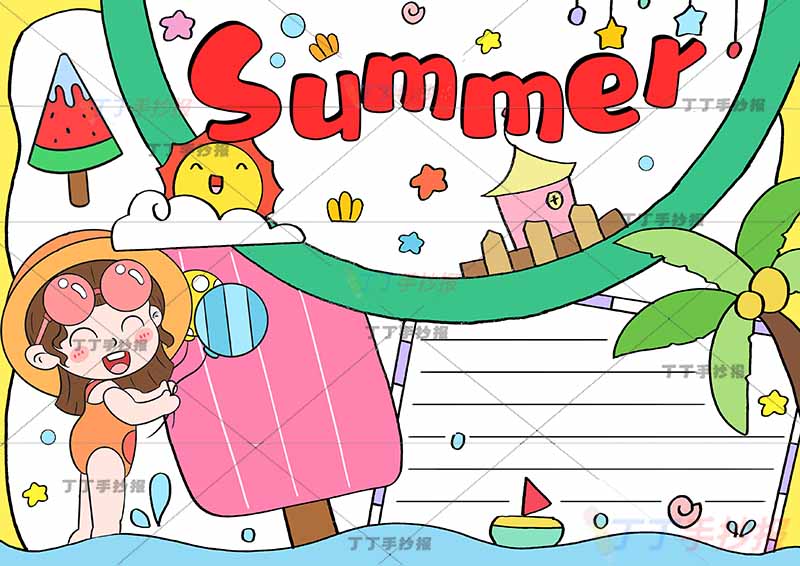 夏天英语手抄报女孩拿气球
