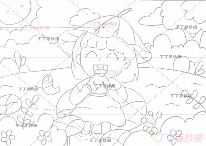 夏天儿童画吃西瓜女孩