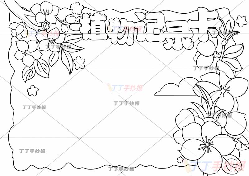 植物记录卡手抄报左右桃花蓝色边框