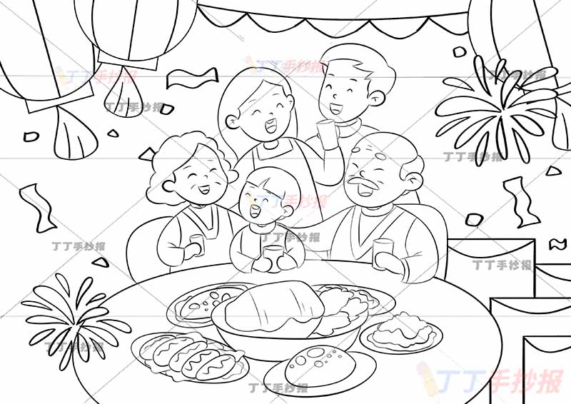 全家福儿童画绘画团圆年夜饭男孩五人