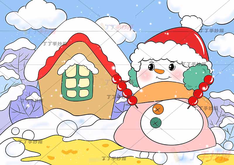 冬天儿童画雪人房屋2
