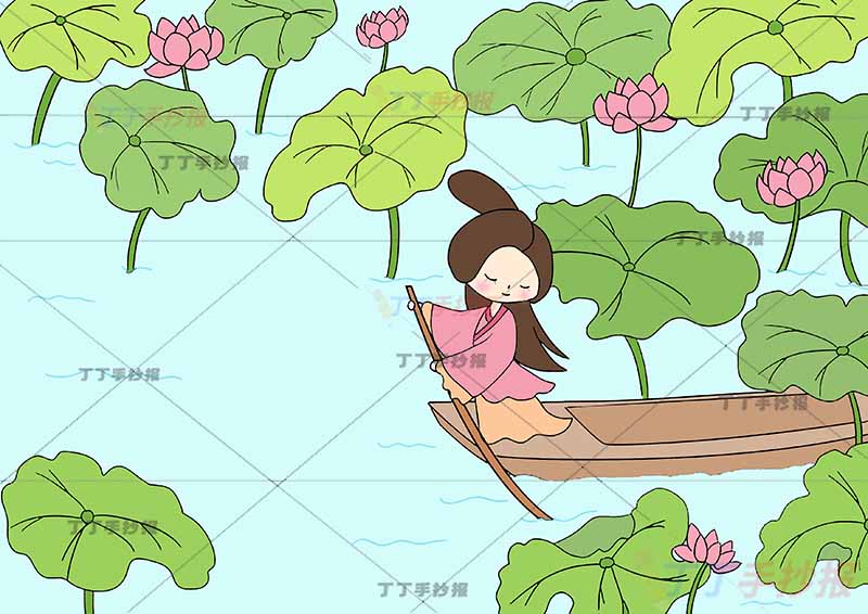 江南诗配画一年级古诗配画划船女子