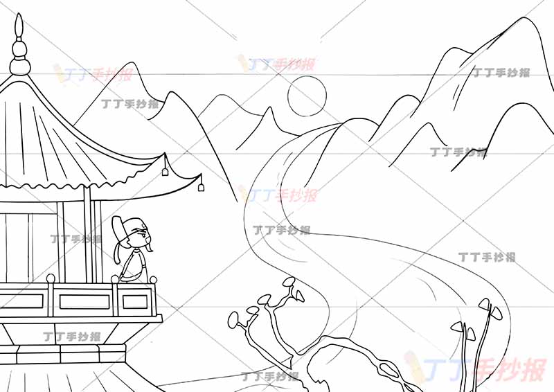 登鹳雀楼诗配画王之涣二年级上册古诗配画中间河流