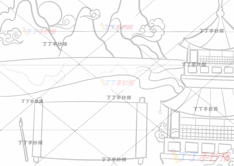 登鹳雀楼诗配画王之涣二年级上册古诗配画右侧亭子