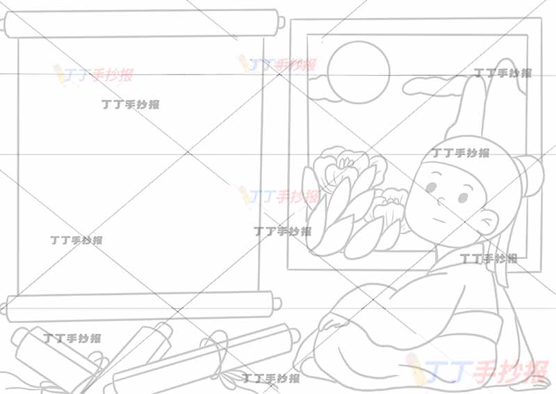 静夜思诗配画一年级古诗配画李白右侧诗人坐
