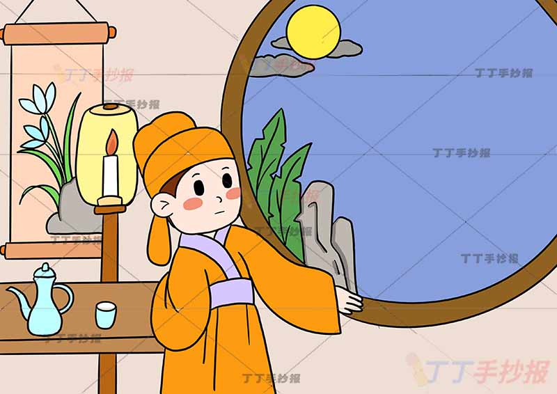 静夜思诗配画李白一年级古诗配画左侧诗人指