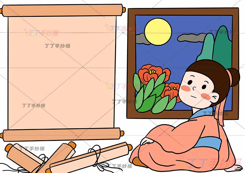 静夜思诗配画一年级古诗配画李白右侧诗人坐