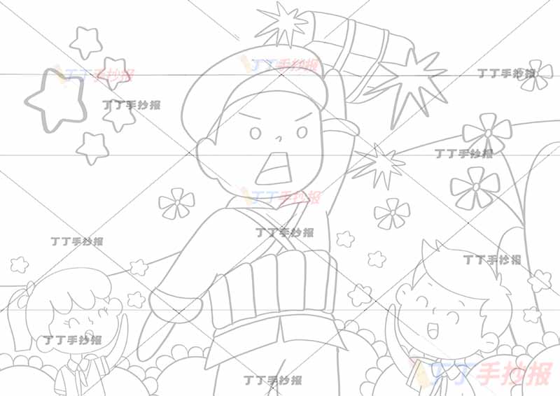 抗日英雄儿童画抗战抗日战争胜利董存瑞三人物