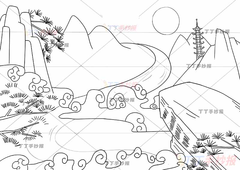 鹿柴诗配画王维四年级古诗配画两边山丘