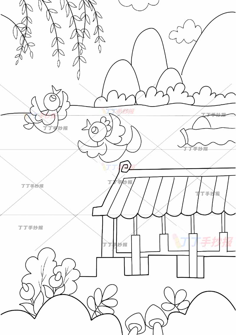绝句诗配画竖版二年级下册杜甫古诗配画黄鹂可爱