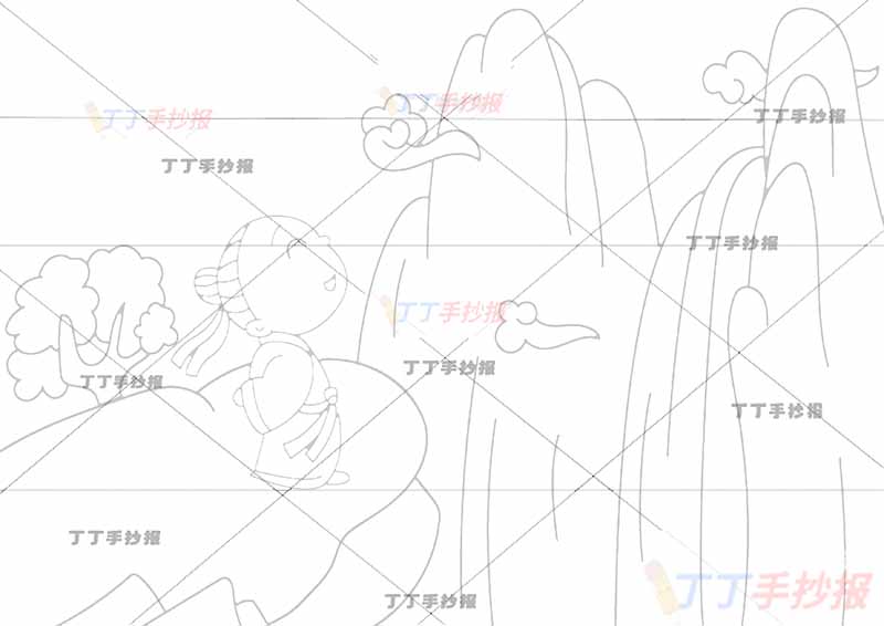 望庐山瀑布诗配画二年级李白古诗配画左侧诗人