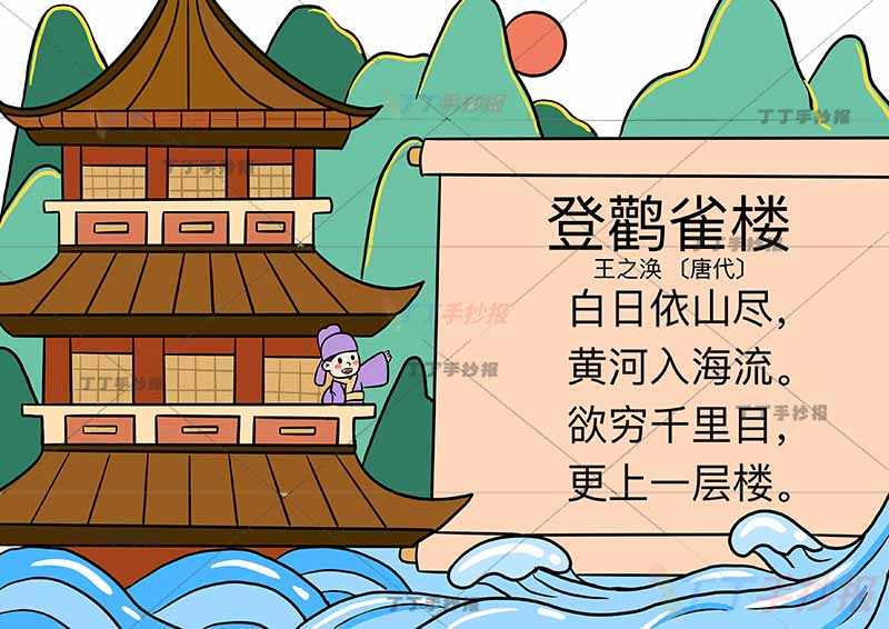 登鹳雀楼诗配画王之涣二年级上册古诗配画卷轴边框