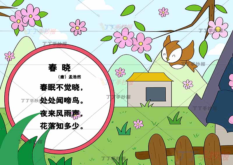 春晓诗配画孟浩然一年级古诗配画小鸟可爱
