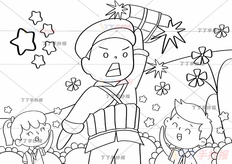 抗日英雄儿童画抗战抗日战争胜利董存瑞三人物